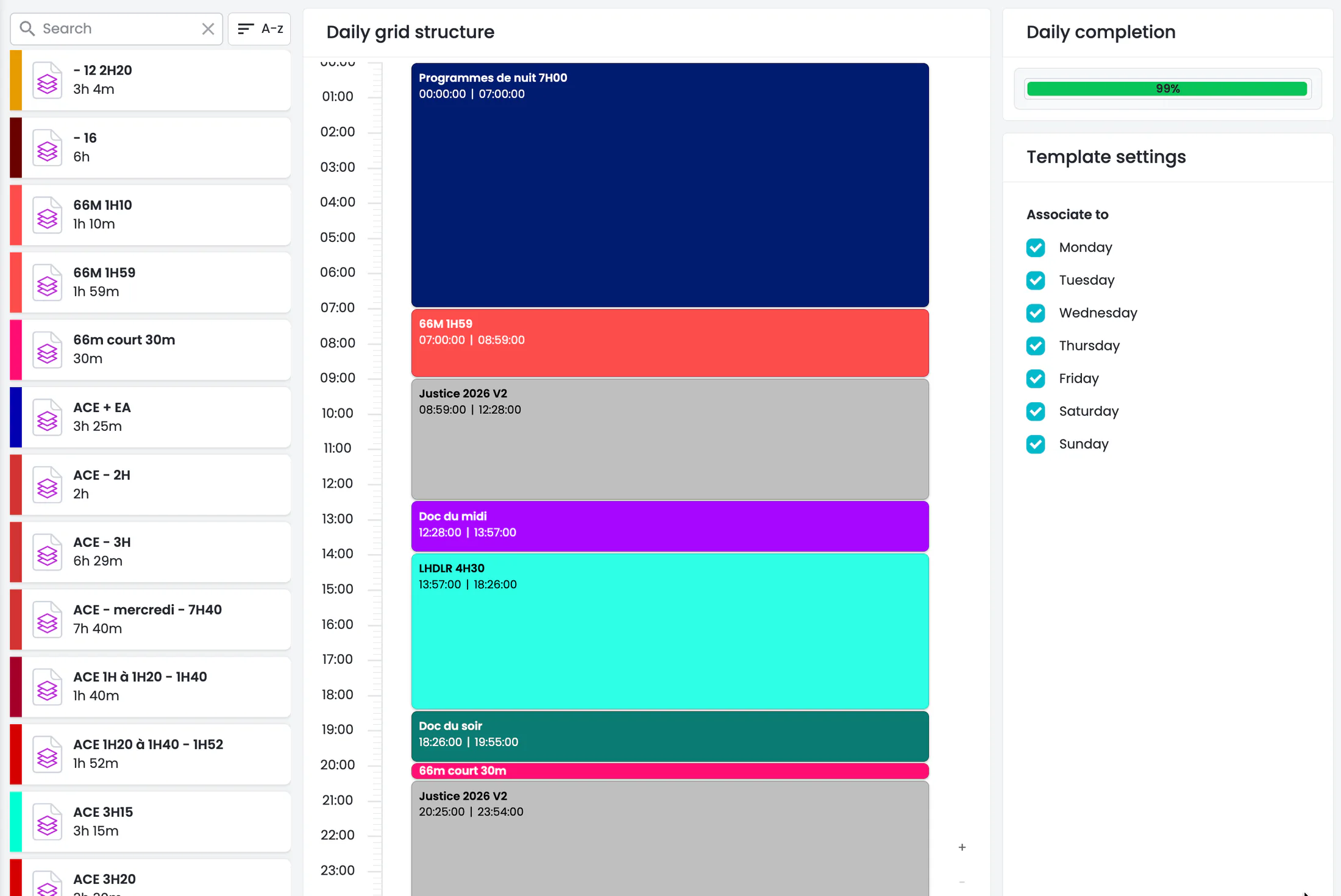 OKAST Channels interface showing a day template made of programme blocks and assigned to weekdays.