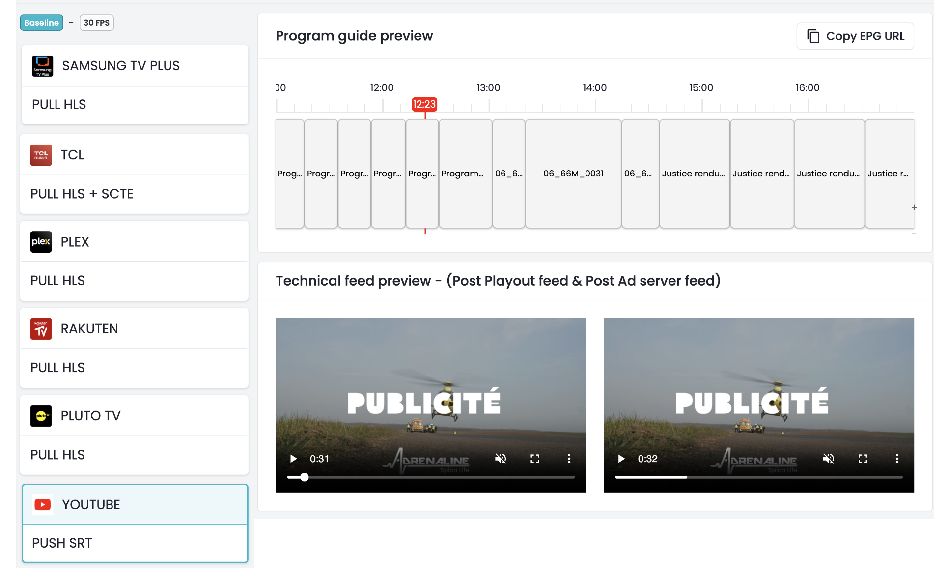 OKAST Channels control dashboard listing a channel's distributions with real-time previews of its EPG, post-playout video and post-ad-server feed.