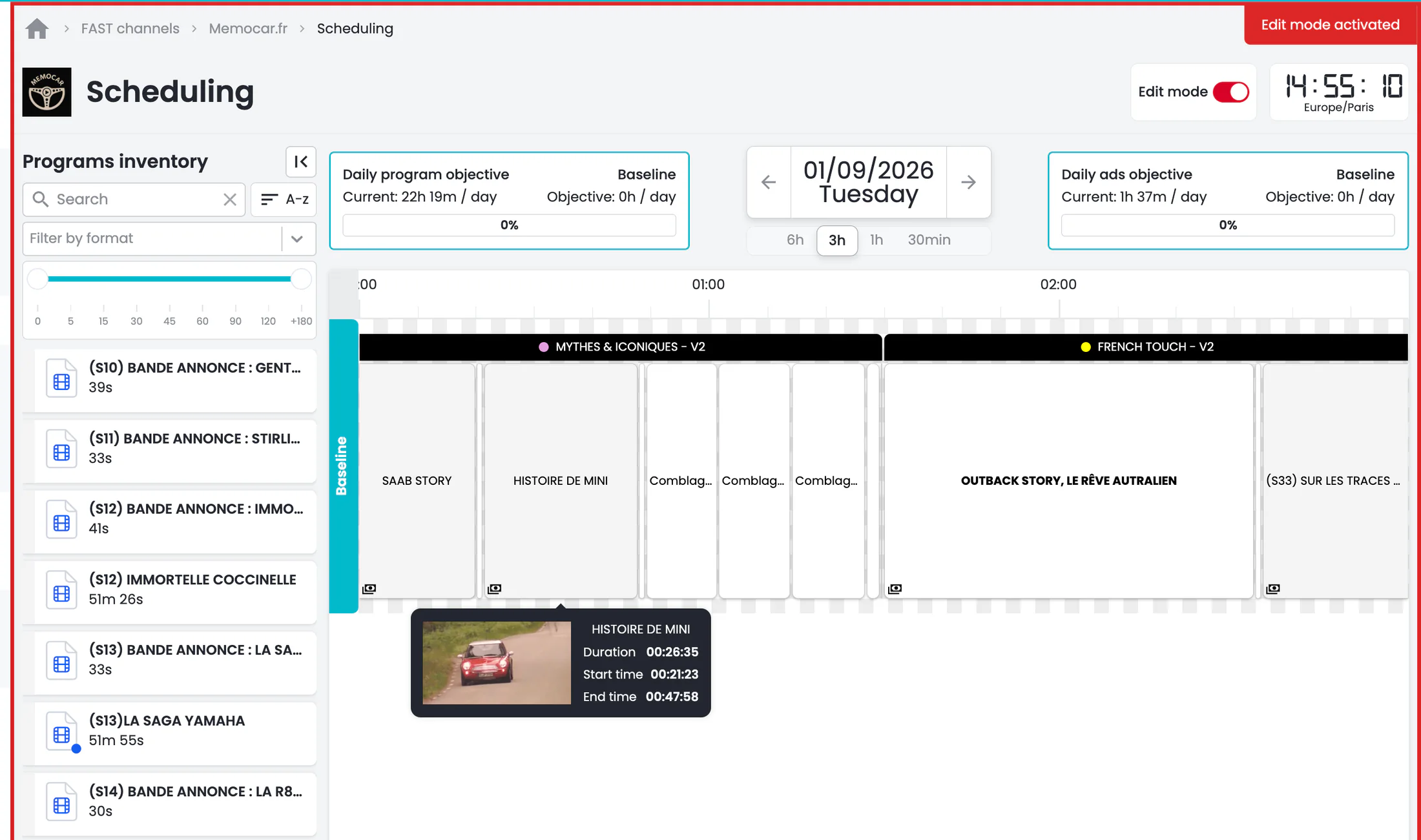 OKAST Channels schedule editor showing a programme library, timeline and programme and advertising targets.