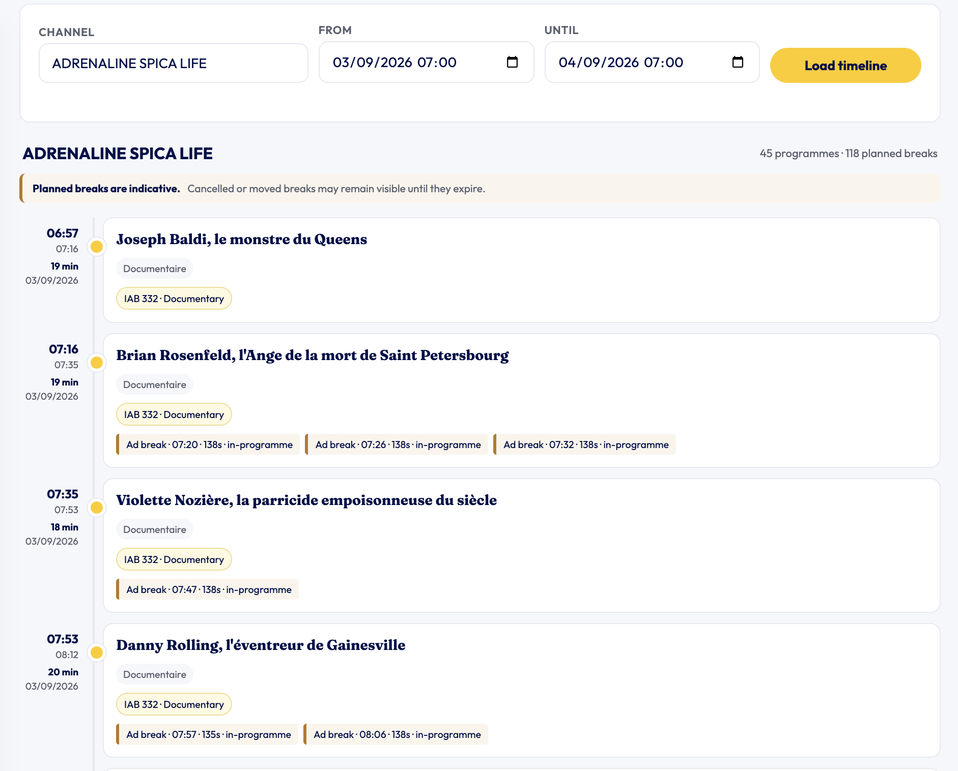 OKAST Intelligence timeline showing FAST programmes, editorial categories and planned advertising breaks