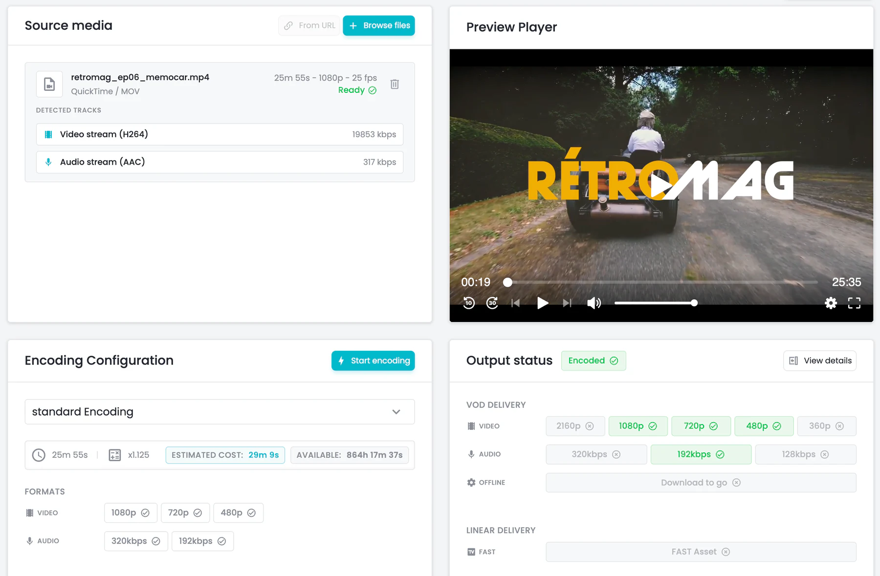 OKAST interface for video ingestion, preview and encoding