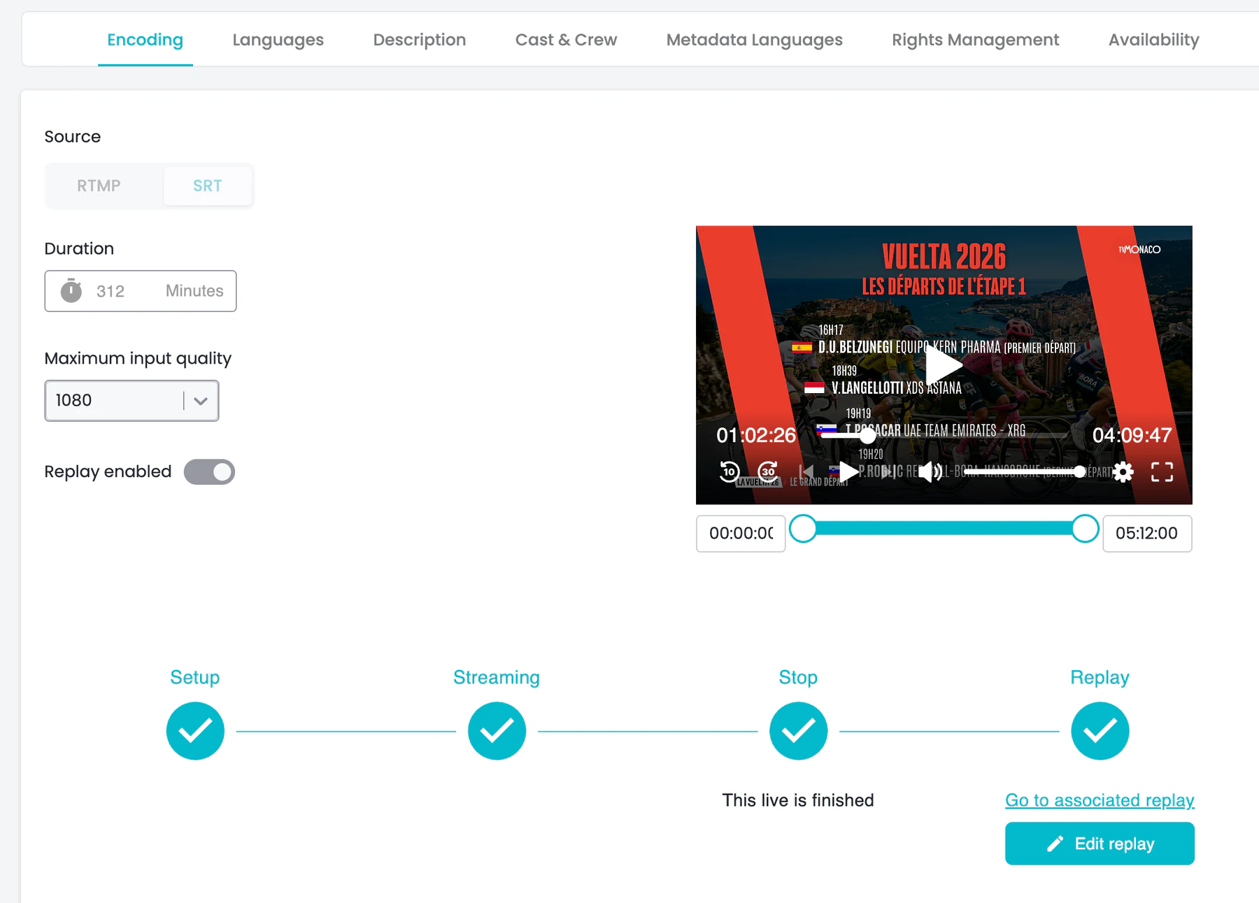 OKAST interface for live setup and transition to replay