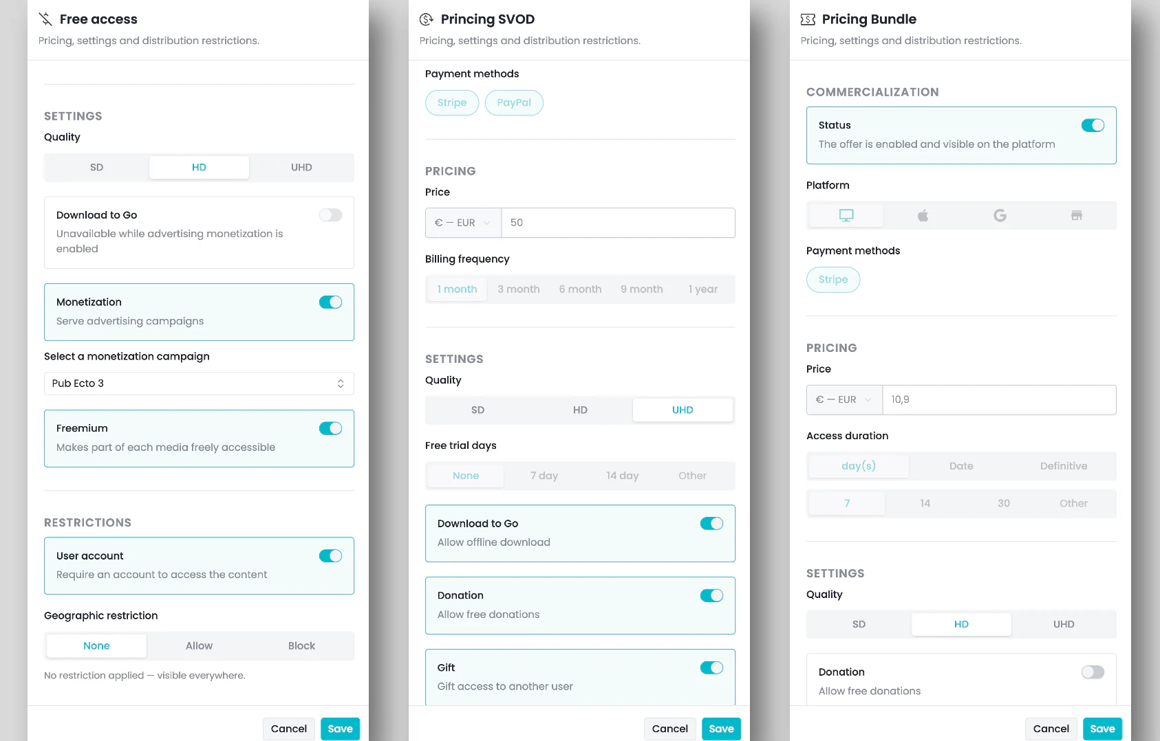 OKAST interface for configuring free, SVOD and bundle models