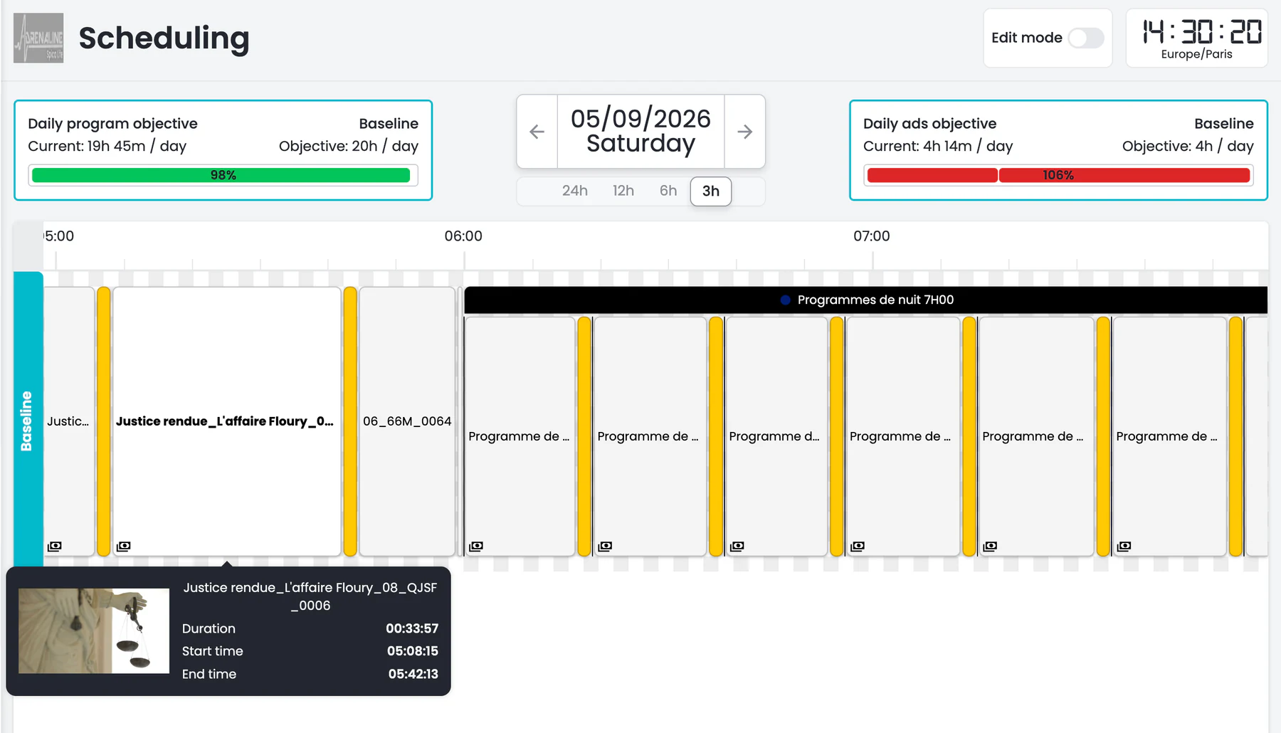 OKAST Channels interface for daily channel scheduling